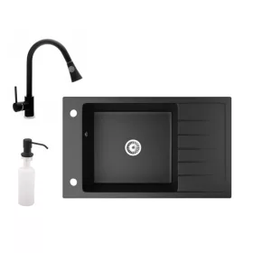   Gránit mosogató NERO Grande + kihúzható zuhanyfejes Snake csaptelep + adagoló (fekete)