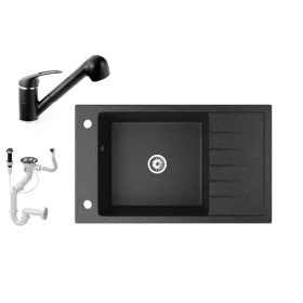   Gránit mosogató NERO Grande + kihúzható zuhanyfejes Shower csaptelep + adagoló (fekete)