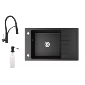   Gránit mosogató NERO Grande + Duo-Flex csaptelep + adagoló (matt fekete)