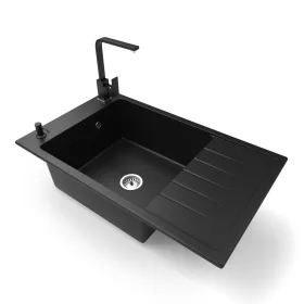   Gránit mosogató NERO Grande + Design csaptelep + adagoló (matt fekete)