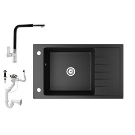   Gránit mosogató NERO Grande + kihúzható Linea csaptelep + dugókiemelő (matt fekete)