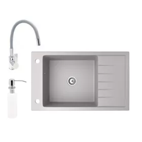   Gránit mosogató NERO Grande + flexibilis csaptelep + adagoló (szürke)