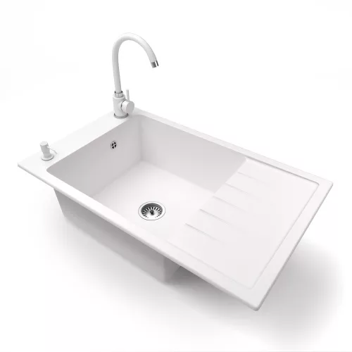 Gránit mosogató NERO Grande + Steel csaptelep + adagoló (fehér)