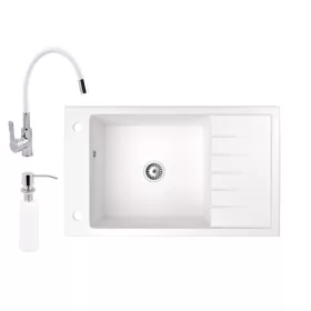   Gránit mosogató NERO Grande + flexibilis csaptelep + adagoló (fehér)
