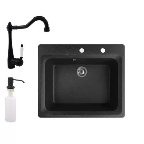   Gránit mosogató NERO Italia + rusztikus csaptelep + adagoló (Fekete)