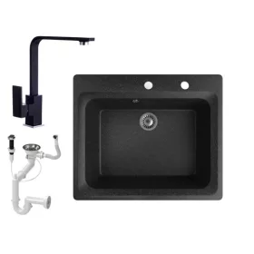   Gránit mosogató NERO Italia + Design csaptelep + dugóemelő (fekete)
