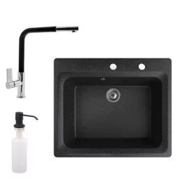   Gránit mosogató NERO Italia + kihúzható Linea csaptelep + adagoló (fekete)