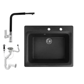   Gránit mosogató NERO Italia + kihúzható Linea csaptelep + dugókiemelő (fekete)