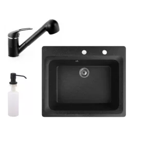   Gránit mosogató NERO Italia + kihúzható Shower csaptelep + adagoló (fekete)