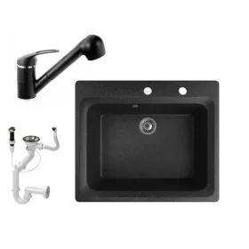   Gránit mosogató NERO Italia + kihúzható Shower csaptelep + dugókiemelő (fekete)