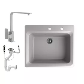   Gránit mosogató NERO Italia + Design csaptelep + dugóemelő (szürke)