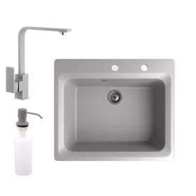   Gránit mosogató NERO Italia + Design csaptelep + adagoló (szürke)