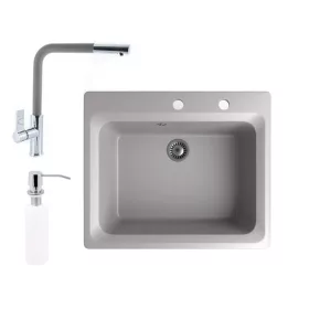   Gránit mosogató NERO Italia + kihúzható Linea csaptelep + adagoló (szürke)