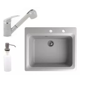   Gránit mosogató NERO Italia + kihúzható Shower csaptelep + adagoló (szürke)