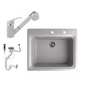   Gránit mosogató NERO Italia + kihúzható Shower csaptelep + dugóemelő (szürke)