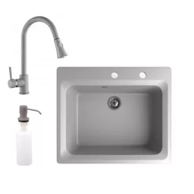   Gránit mosogató NERO Italia + kihúzható Snake csaptelep + adagoló (szürke)
