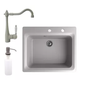   Gránit mosogató NERO Italia + rusztikus csaptelep + adagoló (szürke)