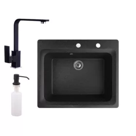   Gránit mosogató NERO Italia + Design csaptelep + adagoló (Fekete)