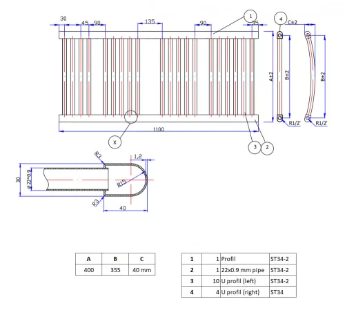 törölközőszárító radiátor 40 x 110 cm (Fekete)