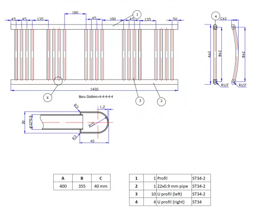 törölközőszárító radiátor 40 x 140 cm (Fekete)