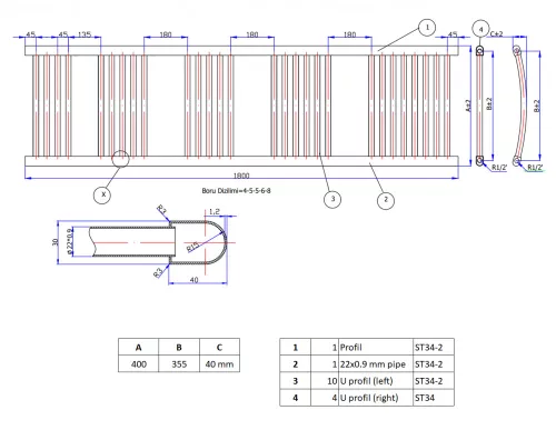 Fekete törölközőszárító radiátor 40 x 180 cm