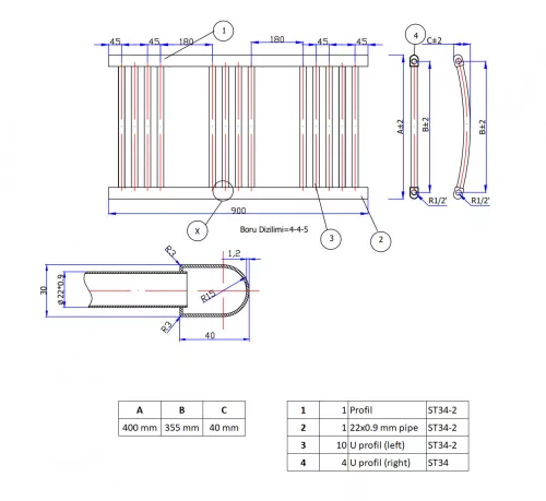 Törölközőszárító radiátor - 30 x 90 cm