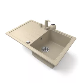   Gránit mosogató NERO Eris + kihúzható zuhanyfejes Shower csaptelep + adagoló + dugókiemelő (bézs)
