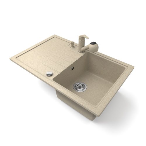 Gránit mosogató NERO Eris + kihúzható zuhanyfejes Shower csaptelep + adagoló + dugókiemelő (bézs)