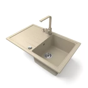  Gránit mosogató NERO Eris + Design csaptelep + adagoló + dugókiemelő (bézs)