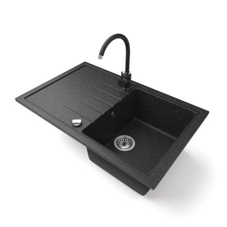 Gránit mosogató NERO Eris + magasított csaptelep + dugókiemelő (fekete)