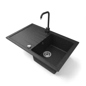  Gránit mosogató NERO Eris + Steel csaptelep + dugókiemelő (fekete)