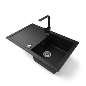   Gránit mosogató NERO Eris + Design csaptelep + dugókiemelő (matt fekete)