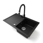   Gránit mosogató NERO Eris + kihúzható zuhanyfejes Snake csaptelep + adagoló + dugókiemelő (matt fekete)