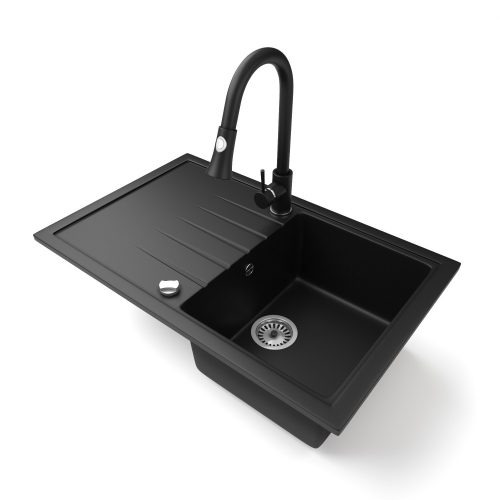 Gránit mosogató Eris kihúzható zuhanyfejes Snake csapteleppel dugókiemelővel (matt fekete)