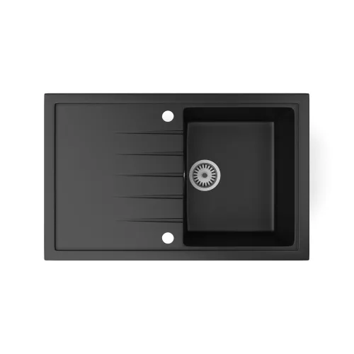 Gránit mosogató NERO Eris + kihúzható Linea csaptelep + adagoló + dugókiemelő (matt fekete)