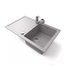   Gránit mosogató NERO Eris + kihúzható zuhanyfejes Shower csaptelep + dugókiemelő (szürke)