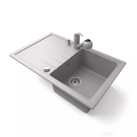   Gránit mosogató NERO Eris + kihúzható zuhanyfejes Shower csaptelep + adagoló + dugókiemelő (szürke)
