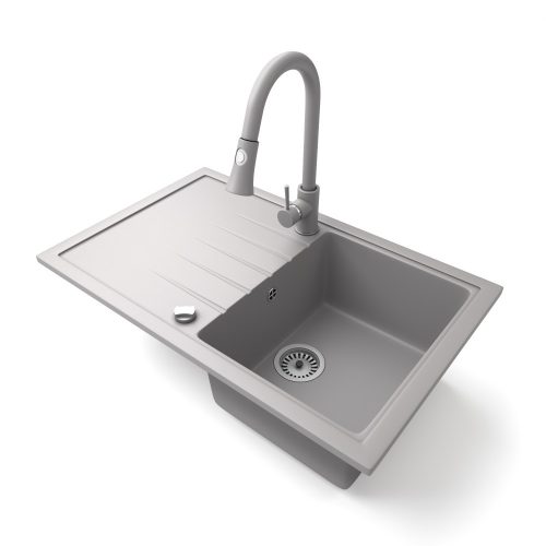 Gránit mosogató NERO Eris + kihúzható zuhanyfejes Snake csaptelep + dugókiemelő (szürke)