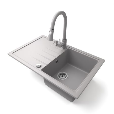 Gránit mosogató NERO Eris + kihúzható zuhanyfejes Snake csaptelep + adagoló + dugókiemelő (szürke)