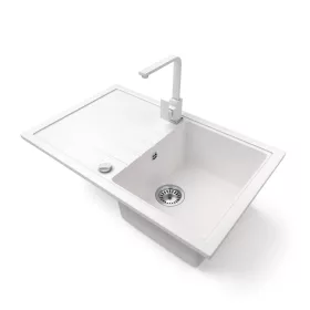   Gránit mosogató NERO Eris + Design csaptelep + dugókiemelő (fehér)