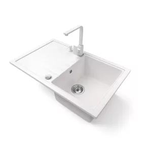   Gránit mosogató NERO Eris + Design csaptelep + adagoló + dugókiemelő (fehér)
