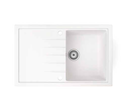 Gránit mosogató NERO Eris + kihúzható zuhanyfejes Snake csaptelep + adagoló + dugókiemelő (fehér)