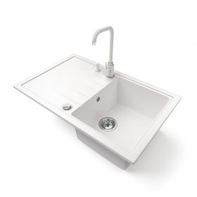   Gránit mosogató NERO Eris + Steel csaptelep + adagoló + dugókiemelő (fehér)