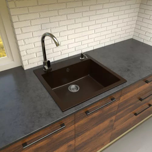 Gránit mosogató Como  Design fehér csaptelep dugókiemelővel matt barna színű