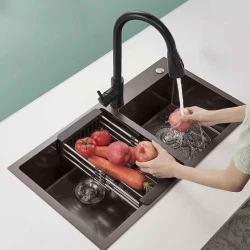 Acél mosogatótálca Nero Italia 78 x 43 cm + szárítókosár + szifon - fekete