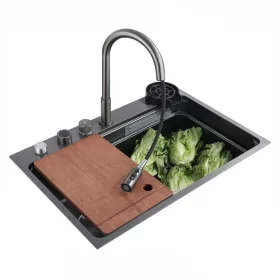   Acél mosogatótálca szett csapteleppel + vízesés modul + pohármosó - 75 x 46 cm