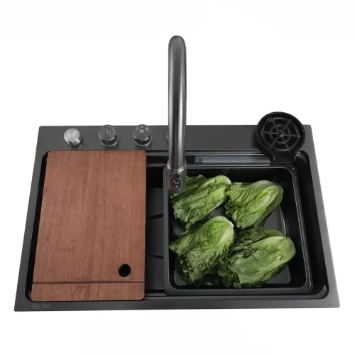 Acél mosogatótálca szett csapteleppel + vízesés modul + pohármosó - 75 x 46 cm