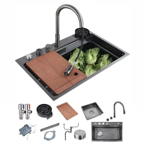 Acél mosogatótálca szett csapteleppel + vízesés modul + pohármosó - 75 x 46 cm