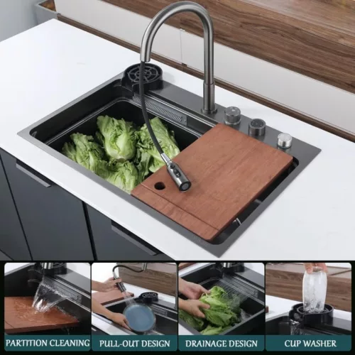 Acél mosogatótálca szett csapteleppel + vízesés modul + pohármosó - 75 x 46 cm