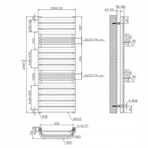Design radiátor NERO Italia FR03001 - 50 x 129 cm